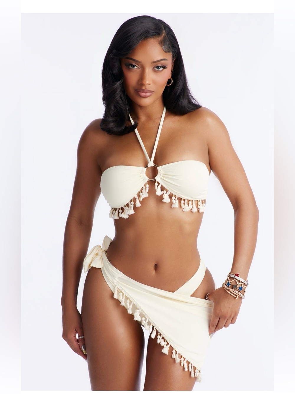 Fashion Nova Cream Tassel Ring Halter Bikini Set